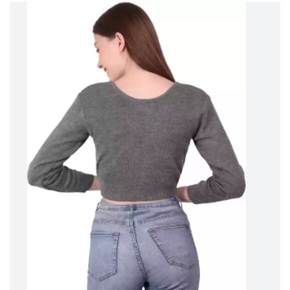 American Eagle T-Shirt Gray Womens S Cropped Ribbed Knit Pullover Long Sleeve - Picture 2 of 9